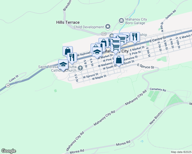 map of restaurants, bars, coffee shops, grocery stores, and more near 337 West Maple Street in Mahanoy City