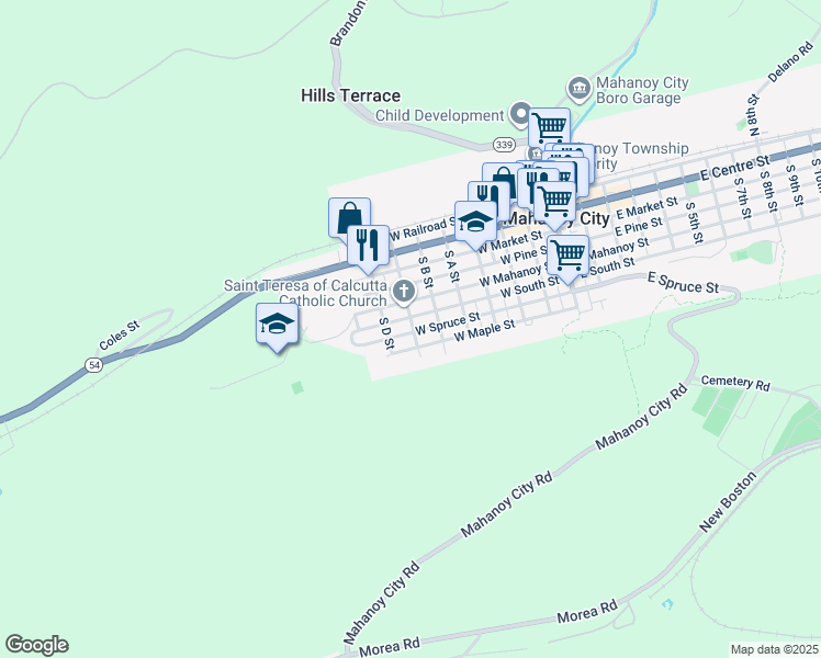 map of restaurants, bars, coffee shops, grocery stores, and more near 610 West Spruce Street in Mahanoy City