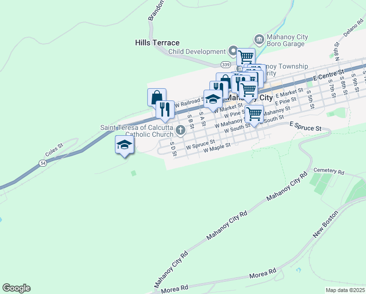 map of restaurants, bars, coffee shops, grocery stores, and more near 610 West Spruce Street in Mahanoy City