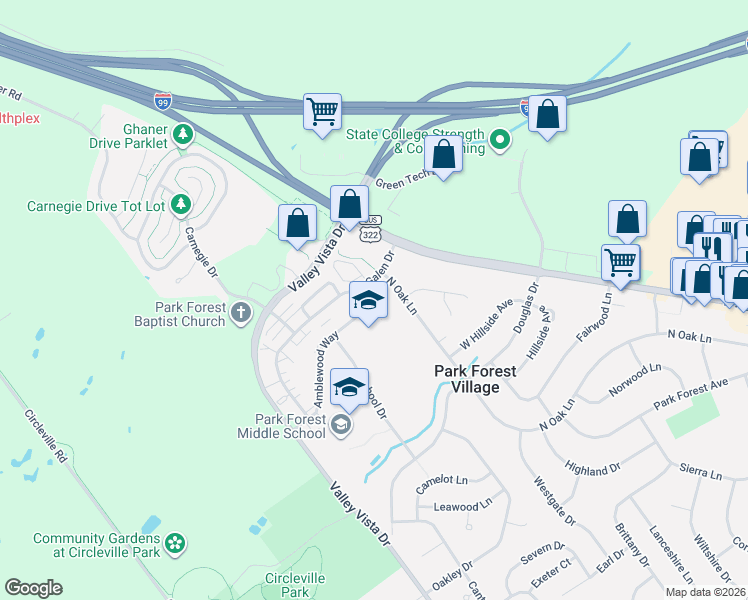map of restaurants, bars, coffee shops, grocery stores, and more near 466 Amblewood Way in State College