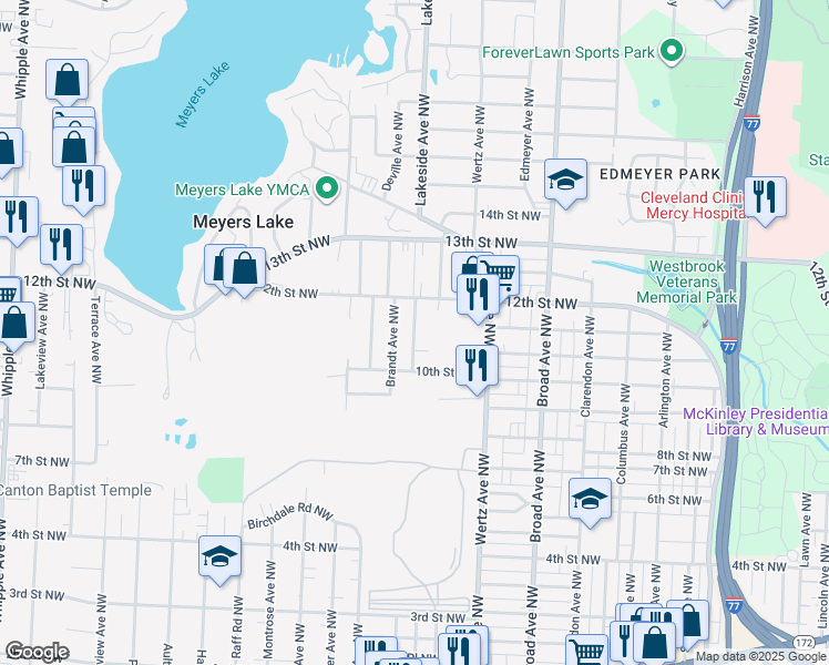 map of restaurants, bars, coffee shops, grocery stores, and more near 1102 Oak Avenue Northwest in Canton