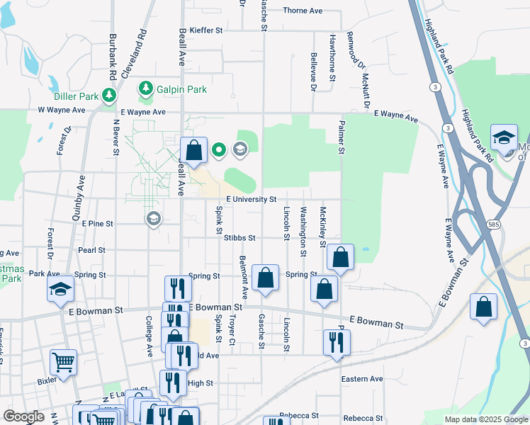 map of restaurants, bars, coffee shops, grocery stores, and more near 936 Gasche Street in Wooster