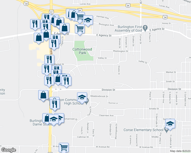 map of restaurants, bars, coffee shops, grocery stores, and more near 124 Melrose Court in Burlington