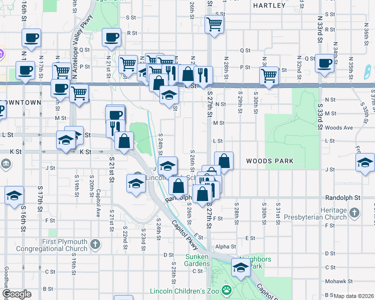 map of restaurants, bars, coffee shops, grocery stores, and more near 503 South 26th Street in Lincoln