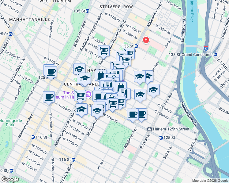 map of restaurants, bars, coffee shops, grocery stores, and more near 350 Malcolm X Boulevard in New York