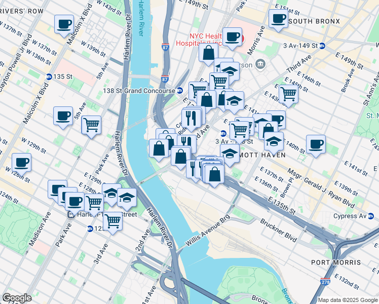 map of restaurants, bars, coffee shops, grocery stores, and more near 258 East 135th Street in The Bronx