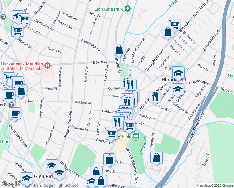 map of restaurants, bars, coffee shops, grocery stores, and more near 48 Warren Street in Bloomfield