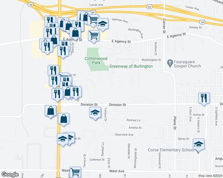 map of restaurants, bars, coffee shops, grocery stores, and more near 124 Melrose Court in Burlington