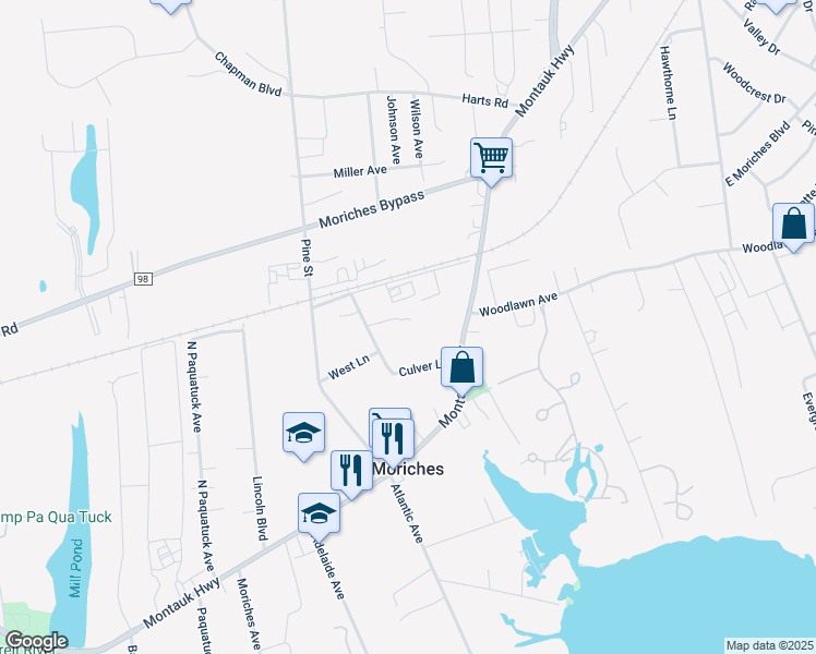 map of restaurants, bars, coffee shops, grocery stores, and more near 35 Culver Lane in East Moriches