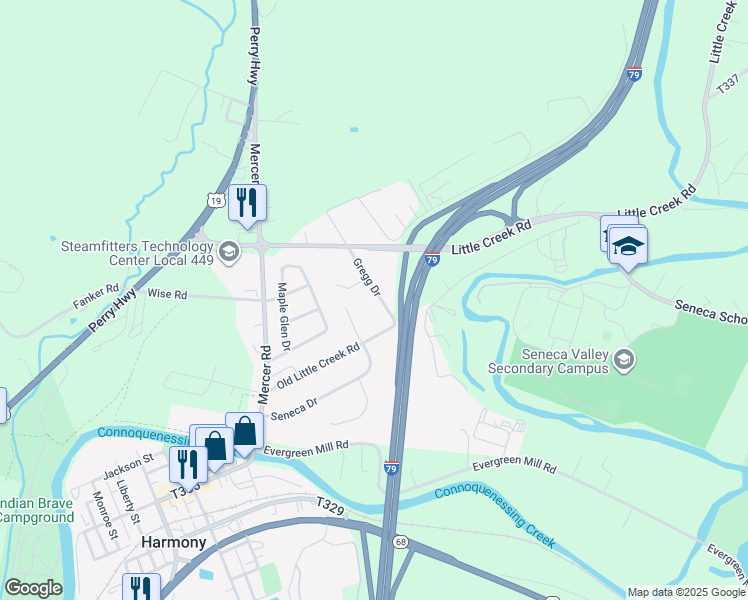 map of restaurants, bars, coffee shops, grocery stores, and more near 110 Gregg Drive in Harmony