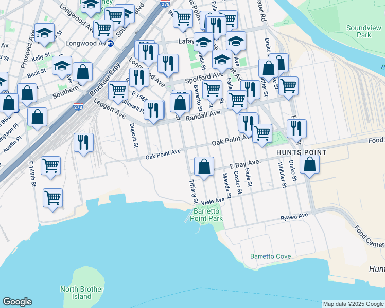 map of restaurants, bars, coffee shops, grocery stores, and more near 444 Tiffany Street in Bronx