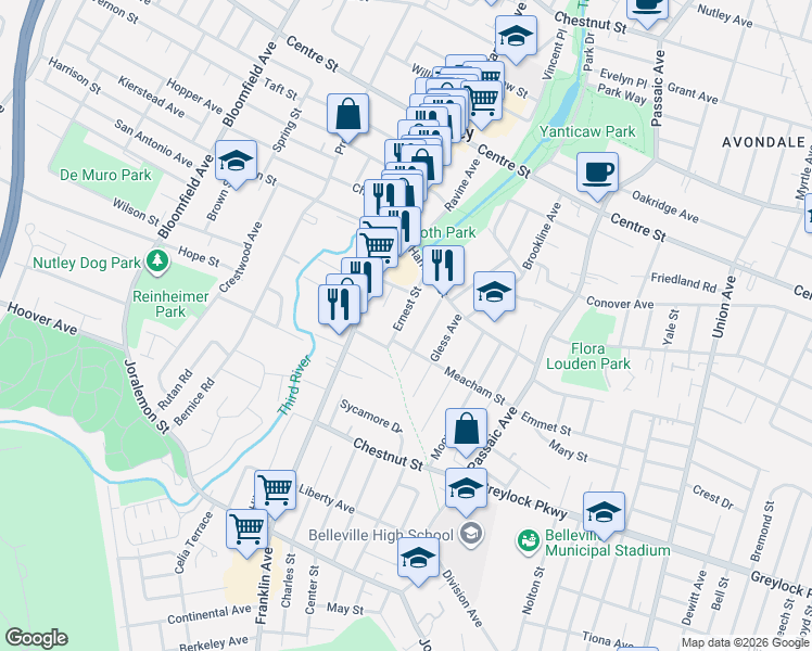 map of restaurants, bars, coffee shops, grocery stores, and more near 60 Ernest Street in Nutley