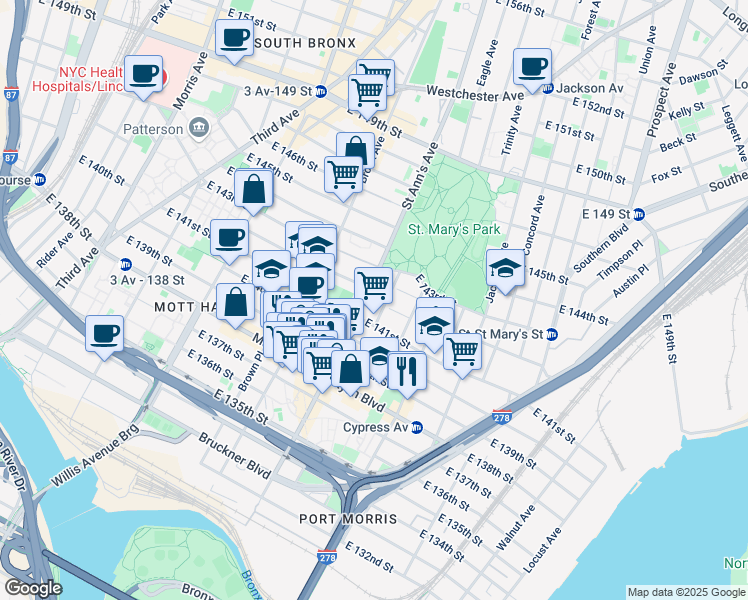 map of restaurants, bars, coffee shops, grocery stores, and more near 350 Saint Ann's Avenue in Bronx