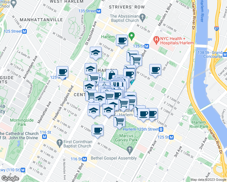 map of restaurants, bars, coffee shops, grocery stores, and more near 120 West 127th Street in New York