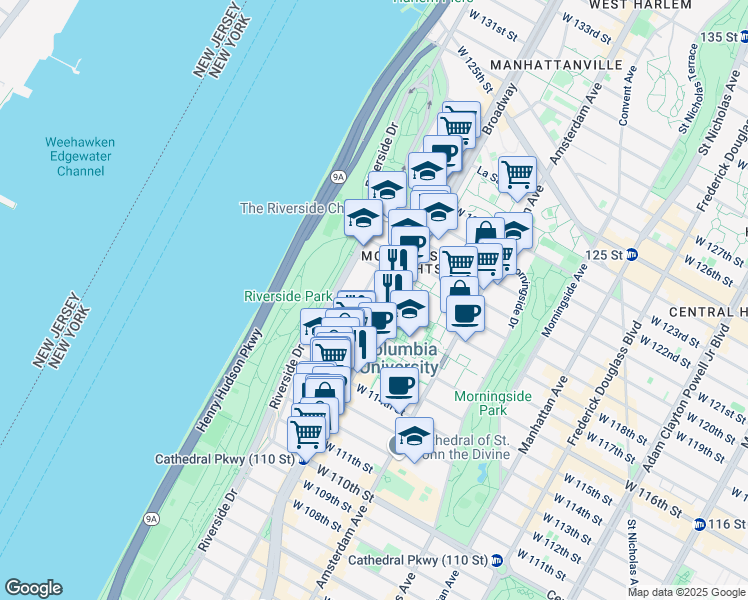 map of restaurants, bars, coffee shops, grocery stores, and more near 3009 Broadway in New York