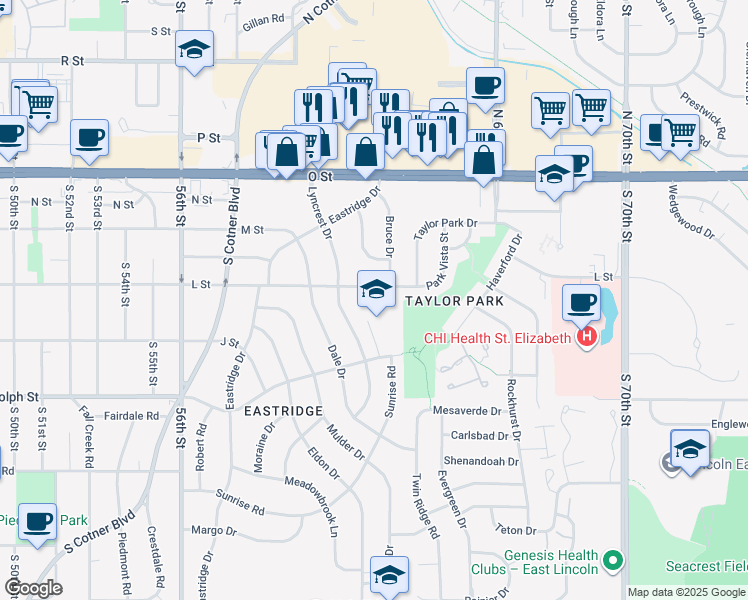 map of restaurants, bars, coffee shops, grocery stores, and more near 6245 L Street in Lincoln