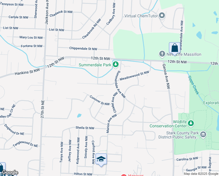 map of restaurants, bars, coffee shops, grocery stores, and more near 3151 Meadowwood Street Northwest in Massillon