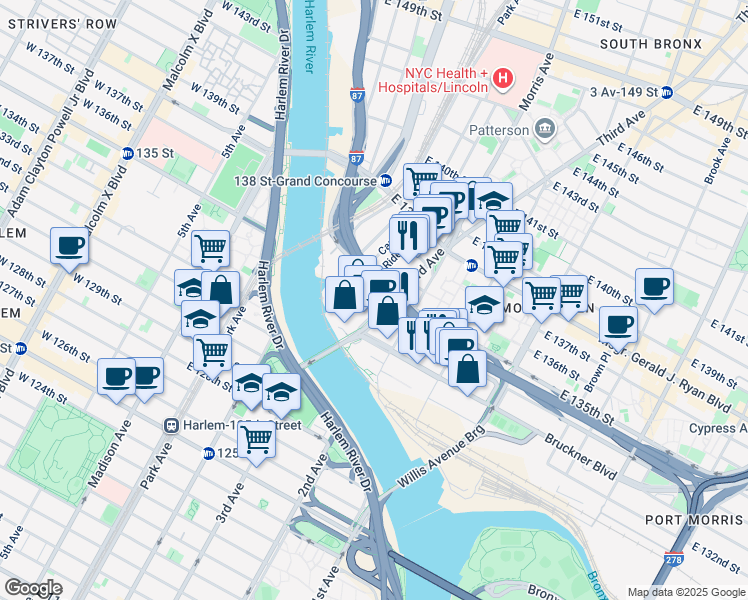 map of restaurants, bars, coffee shops, grocery stores, and more near 230 East 134th Street in The Bronx