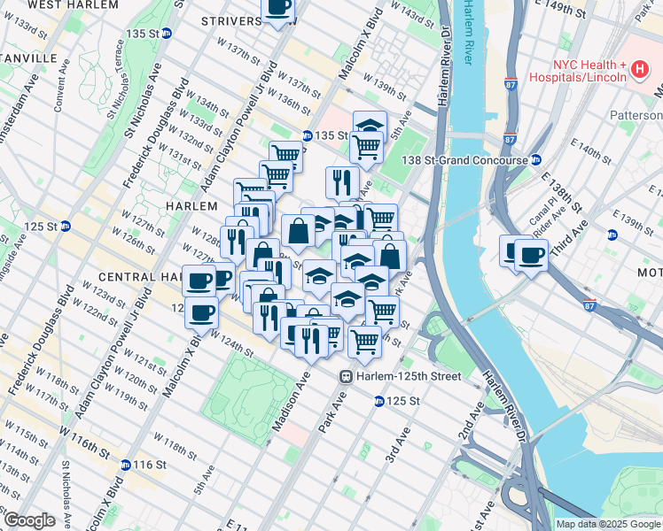map of restaurants, bars, coffee shops, grocery stores, and more near 12 East 130th Street in New York