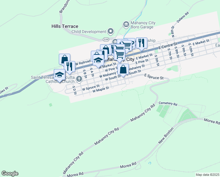 map of restaurants, bars, coffee shops, grocery stores, and more near 219 West Maple Street in Mahanoy City