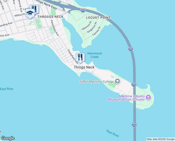 map of restaurants, bars, coffee shops, grocery stores, and more near 17 Pennyfield Avenue in The Bronx