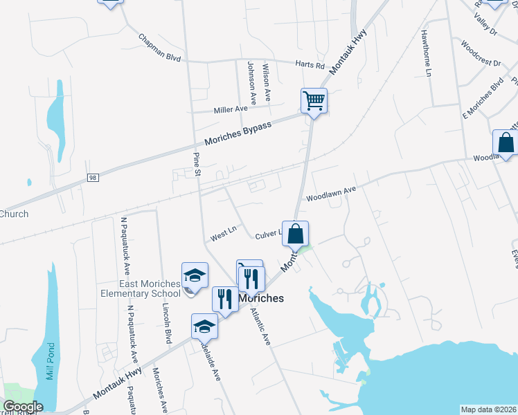 map of restaurants, bars, coffee shops, grocery stores, and more near 35 Culver Lane in East Moriches