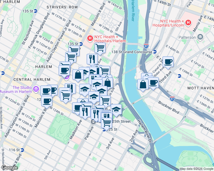 map of restaurants, bars, coffee shops, grocery stores, and more near 51 East 131st Street in New York