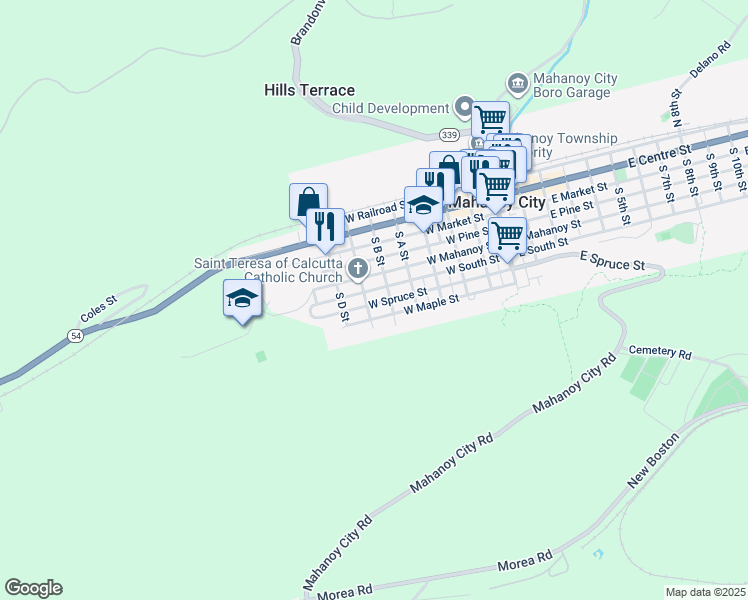 map of restaurants, bars, coffee shops, grocery stores, and more near 527 West Spruce Street in Mahanoy City