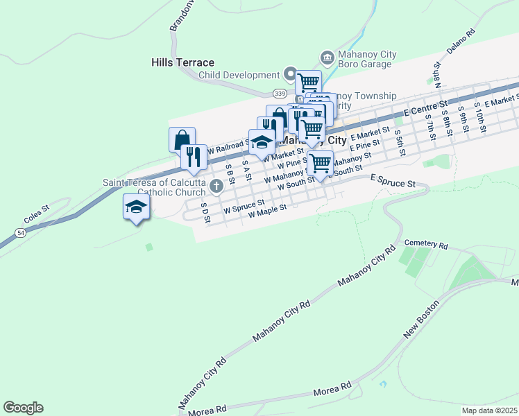 map of restaurants, bars, coffee shops, grocery stores, and more near 332 West Spruce Street in Mahanoy City