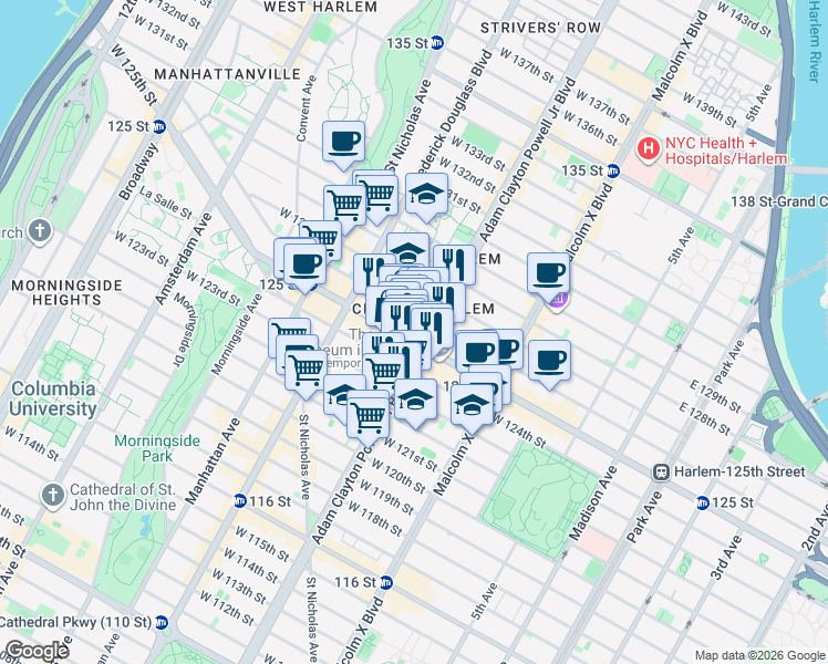 map of restaurants, bars, coffee shops, grocery stores, and more near 2100 Adam Clayton Powell Junior Boulevard in New York