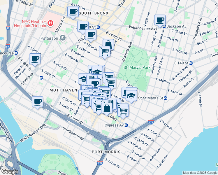 map of restaurants, bars, coffee shops, grocery stores, and more near 345 Saint Ann's Avenue in The Bronx