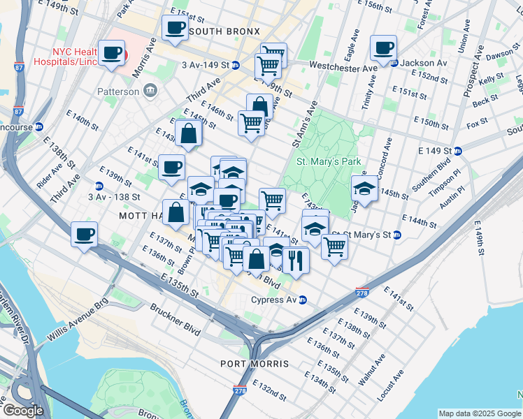 map of restaurants, bars, coffee shops, grocery stores, and more near 345 Saint Ann's Avenue in Bronx