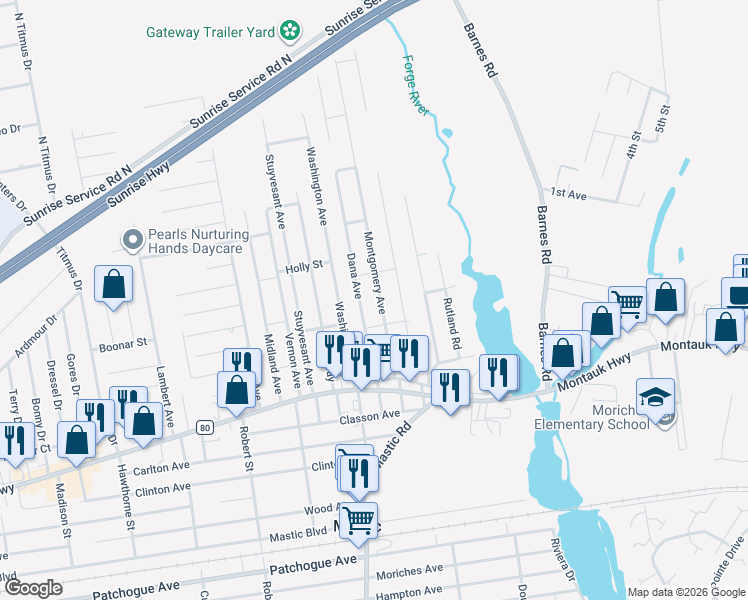 map of restaurants, bars, coffee shops, grocery stores, and more near 28 Montgomery Avenue in Mastic