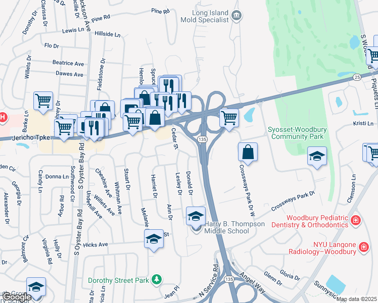 map of restaurants, bars, coffee shops, grocery stores, and more near 1 Donald Drive in Syosset