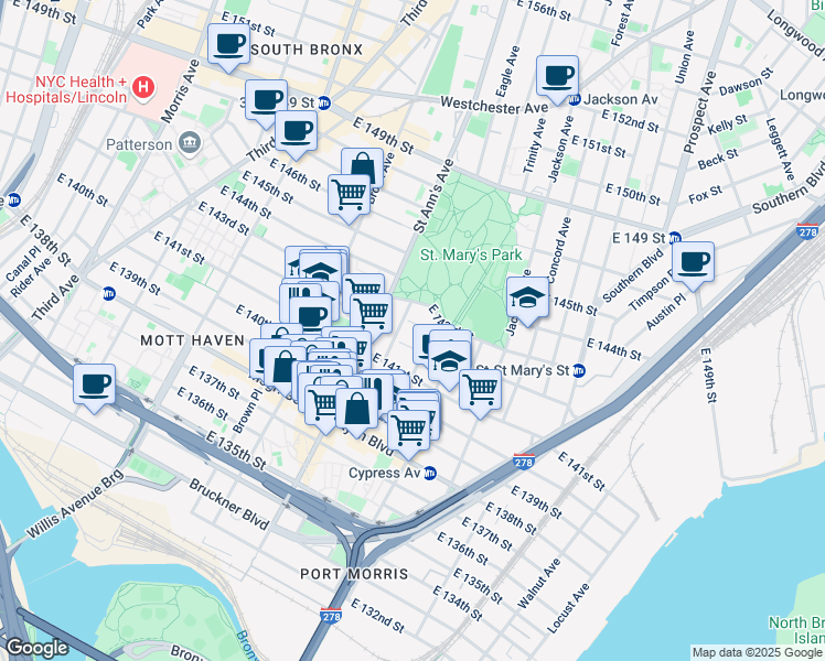 map of restaurants, bars, coffee shops, grocery stores, and more near 609 Oak Terrace in Bronx