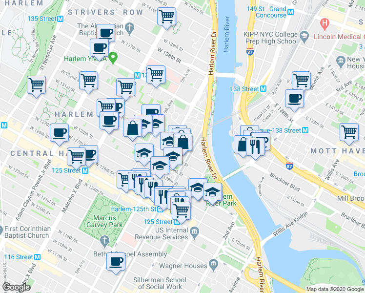 map of restaurants, bars, coffee shops, grocery stores, and more near 1920 Park Avenue in New York