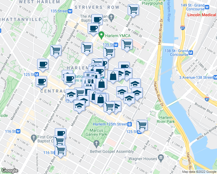 map of restaurants, bars, coffee shops, grocery stores, and more near 34 West 128th Street in New York