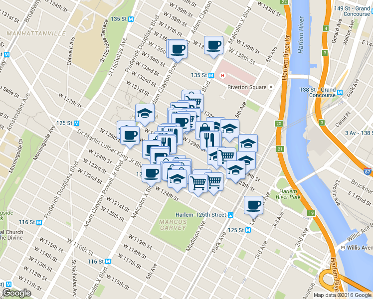 map of restaurants, bars, coffee shops, grocery stores, and more near 34 West 128th Street in New York