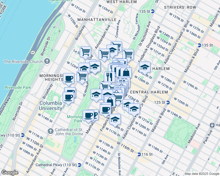 map of restaurants, bars, coffee shops, grocery stores, and more near 342 West 122nd Street in New York