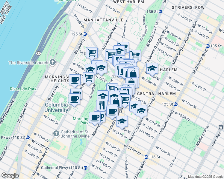 map of restaurants, bars, coffee shops, grocery stores, and more near 342 West 122nd Street in New York