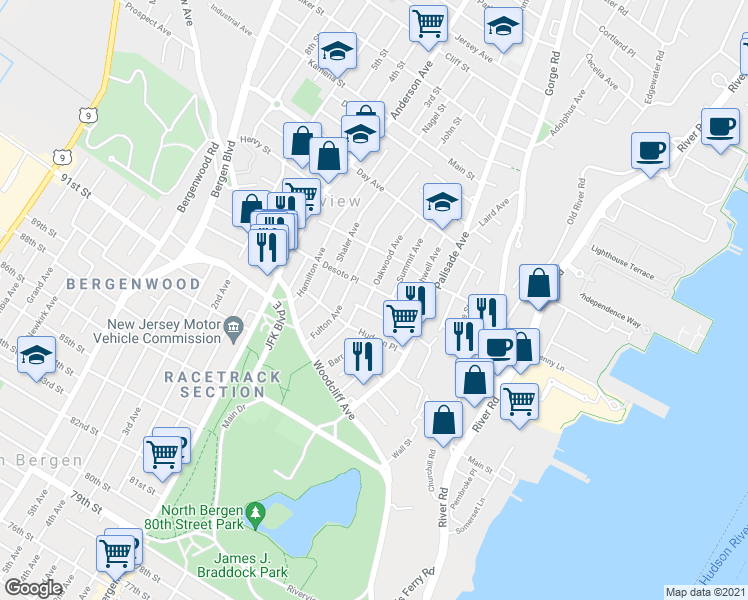map of restaurants, bars, coffee shops, grocery stores, and more near 237 Columbus Place in Cliffside Park