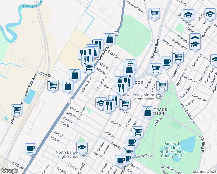 map of restaurants, bars, coffee shops, grocery stores, and more near 1303 86th Street in North Bergen