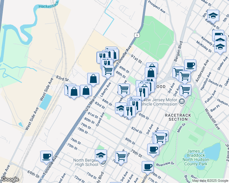 map of restaurants, bars, coffee shops, grocery stores, and more near 1410 85th Street in North Bergen