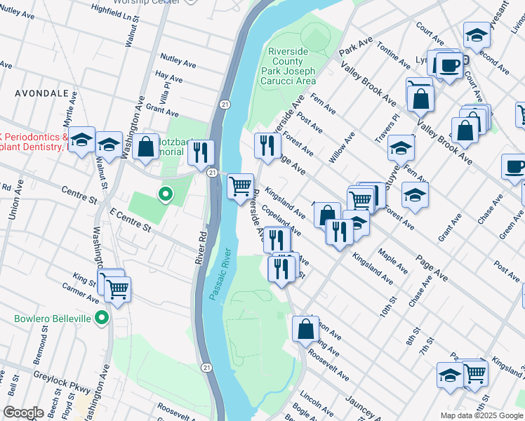 map of restaurants, bars, coffee shops, grocery stores, and more near 126 Copeland Avenue in Lyndhurst