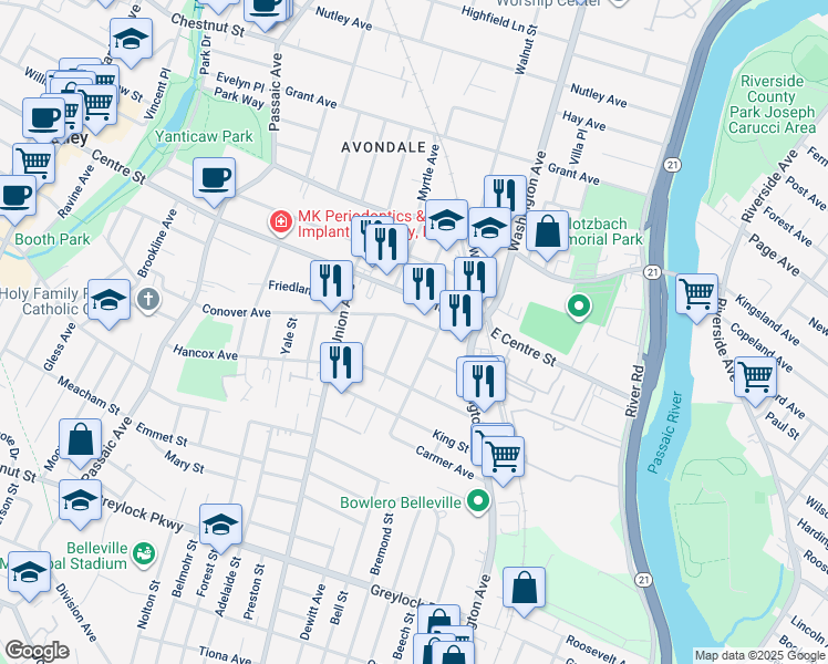 map of restaurants, bars, coffee shops, grocery stores, and more near 26 Witherspoon Street in Nutley