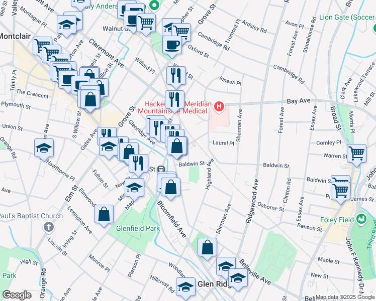 map of restaurants, bars, coffee shops, grocery stores, and more near 18 Baldwin Street in Montclair