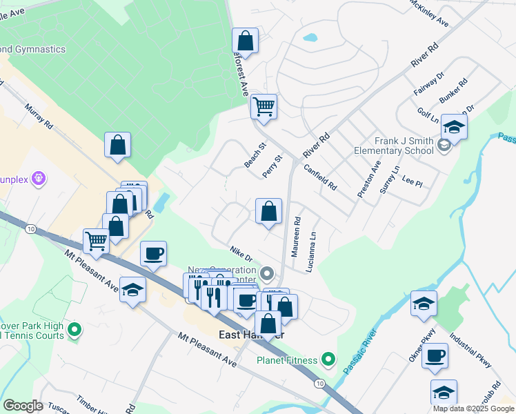 map of restaurants, bars, coffee shops, grocery stores, and more near 32 Gina Court in East Hanover