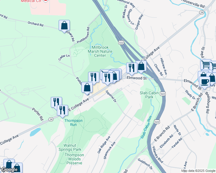 map of restaurants, bars, coffee shops, grocery stores, and more near 313-347 Squirrel Dr in State College