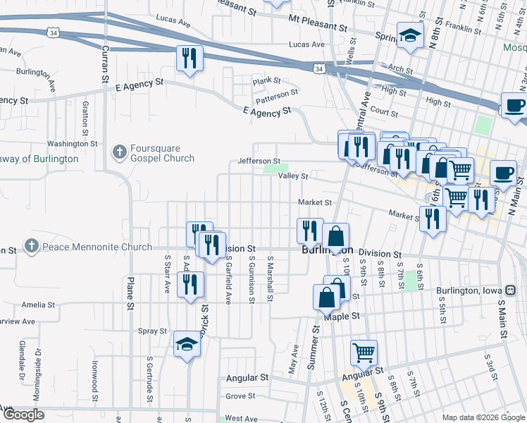 map of restaurants, bars, coffee shops, grocery stores, and more near 116 South Gunnison Street in Burlington