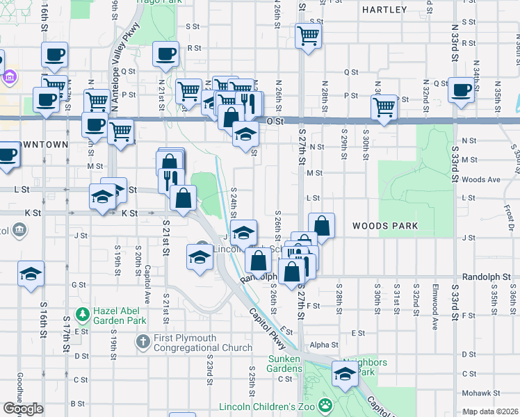 map of restaurants, bars, coffee shops, grocery stores, and more near 465 South 25th Street in Lincoln